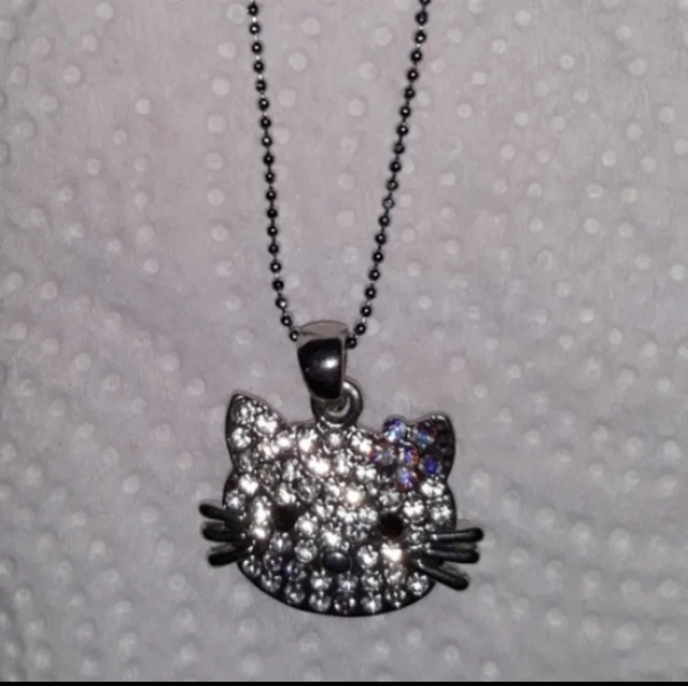 Hello Kitty Crystal Charm Necklace silver plate over stainless 16-18